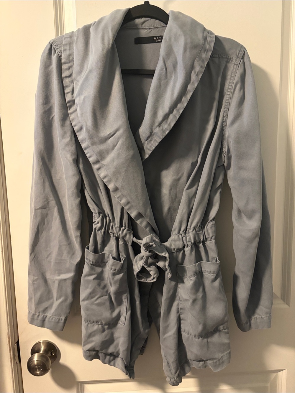 Max Studio Light Blue Shawl-Collar Drawstring Trench Coat